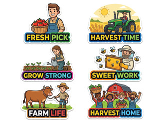 Fototapeta premium Global Workforce Vector: Agriculture Farmers Global Workforce Sticker Sheet Set of 6 Cartoon Icons for farmers