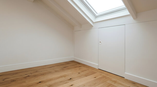 Modern attic conversion with knee wall storage | Custom built-in eaves cupboards under sloped ceiling | Minimalist white loft bedroom interior design | Skylight window in renovated attic space