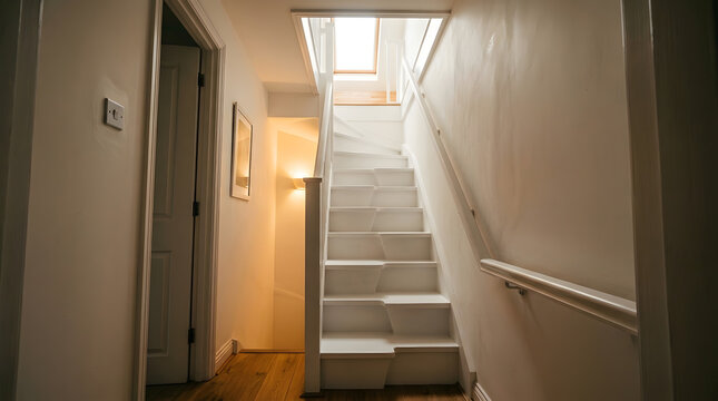 Modern white loft staircase installation | Space saving alternating tread stairs | Attic conversion staircase with skylight | Minimalist home interior wooden stairs