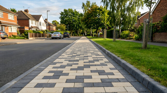 Modern block paving footpath installation | New pedestrian sidewalk in residential neighborhood | Urban infrastructure development and landscaping | Grey and tan patterned brick walkway