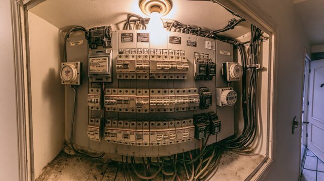 Vintage Electrical Fuse Box With Old Circuit Breakers, Meters, and Wiring in a Residential Panel