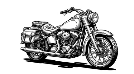 Vintage cruiser motorcycle with saddlebags engraving sketch © surya