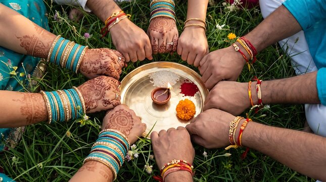 Indian Family Celebrating Raksha Bandhan Festival with Rakhi and Puja Thali