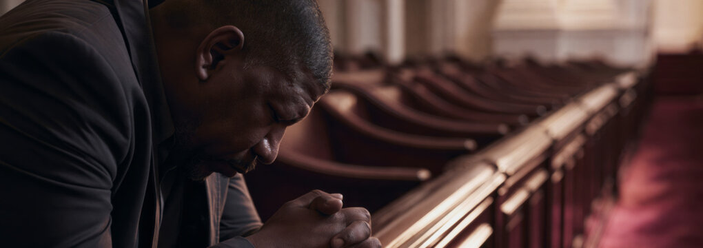 Black man , sitting alone in a church pew with his head bowed in deep prayer