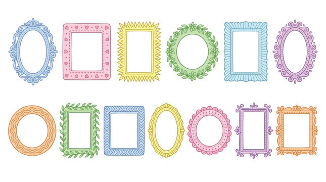 Set of colorful ornate frame borders in various shapes for creative design and photo display