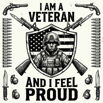 Proud veteran design with american flag and military gear