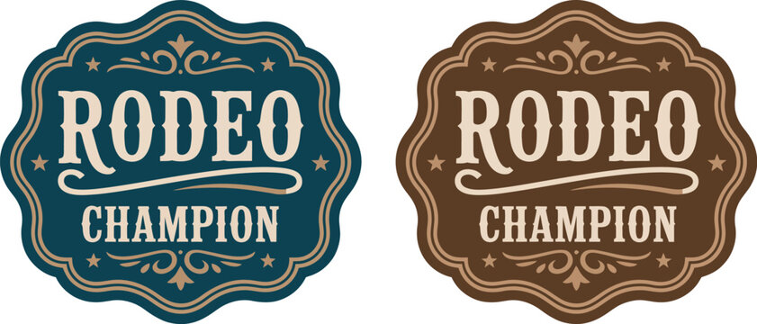 Rodeo champion vintage western emblem, ornate cowboy label with belt buckle, bull rider medal, and typographic badge design for ranch branding, cowboy events, merchandise, apparel prints,