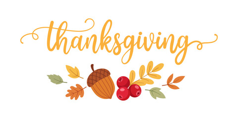 Thanksgiving lettering with autumn leaves, acorn and berries © Abir Creative Studio