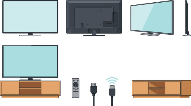 Smart TV and Television Display Mockup Icon Set Featuring Front Back Side Views Wooden Console Table Remote Control and HDMI Cable Vector