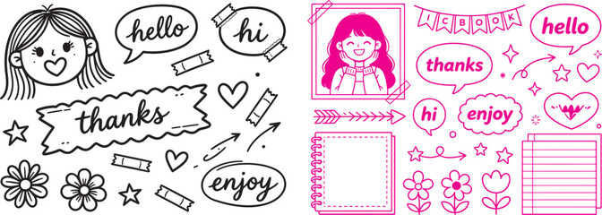 Cute kawaii doodle sticker set with girl characters speech bubbles and journal elements vector illustration for planner decoration © Nur