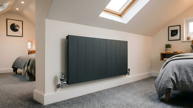 Modern anthracite radiator in attic bedroom conversion | Contemporary home heating solutions for sloped walls | Interior design ideas for loft bedrooms with roof windows