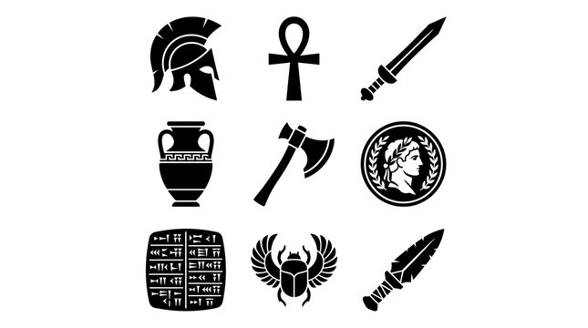 Ancient Greek and Roman historical artifact silhouette icons.
