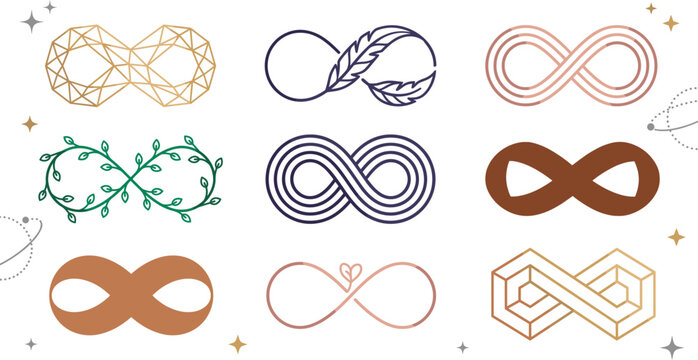 Infinity Symbol Graphic Design Collection Pack Featuring Geometric Geometric Loop Feather Vine Plant Heart and Isometric Infinite Signs Vector Illustration