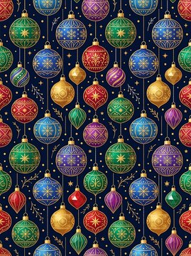 Ornate christmas baubles seamless pattern on navy background