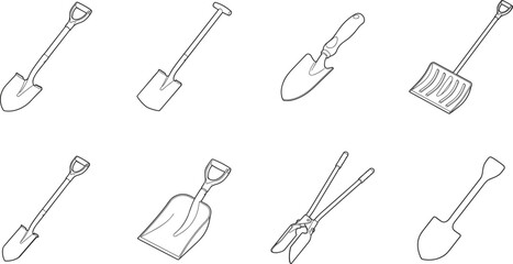 Collection of black and white line art vector illustrations featuring various shovels and gardening digging tools. © SAIFUL