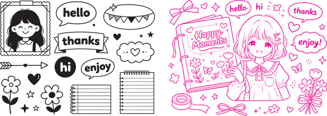 Cute kawaii anime girl doodle set with speech bubbles flowers and notebook vector illustration for bullet journal decoration © Nur