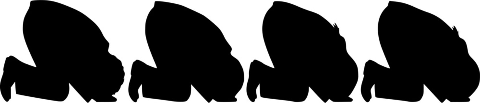 People in Prostration Pose Silhouette Set Vector, Kneeling Human Figures Isolated on White Background