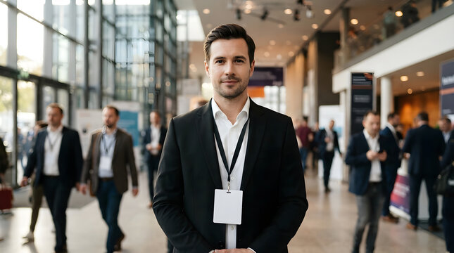 Businessman in Suit at Conference Center with People in Background