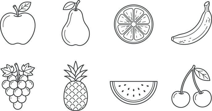 Collection of minimalist black and white line art vector icons featuring various fresh fruits and healthy food.