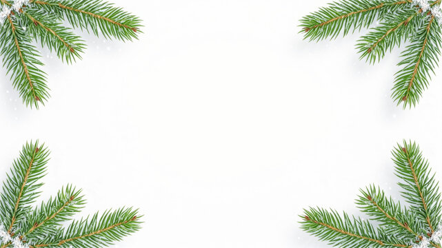 Green fir sprigs enter from opposite corners of a white background creating an airy natural Christmas frame with generous blank space for minimalist seasonal messages