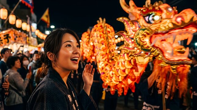 Happy young woman watching a traditional dragon dance at night festival