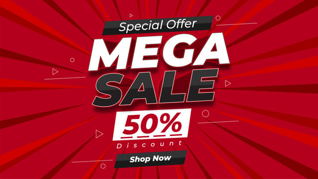 Mega Sale special offer 50 percent discount banner with shop now button on red rays background vector