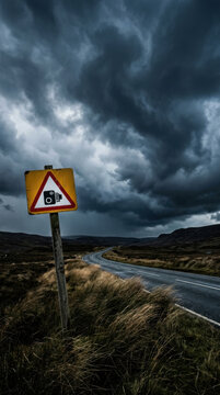 Moody Road Sign Under Stormy Skies Warning Of Speed Camera In Remote Landscape