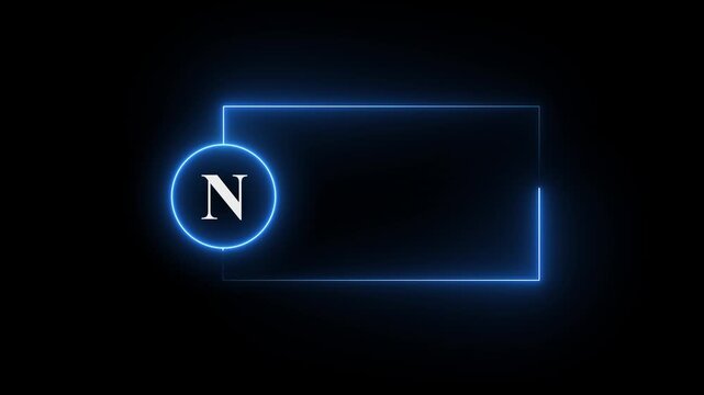 colorful glowing neon N text icon animation. Square rectangle picture frame with one tone neon color motion graphic on isolated black a background.neon text N, icon, 4k video black background.