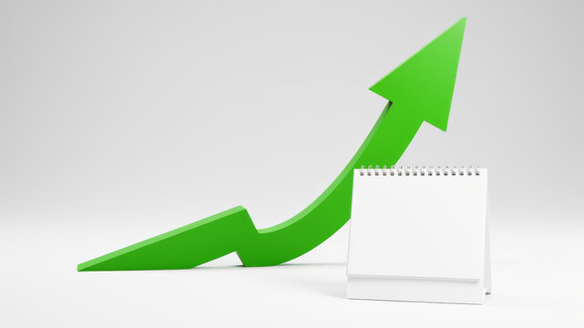 Green growth arrow curves upward behind a white calendar on a clean gray background symbolizing improved scheduling rising results and positive business momentum