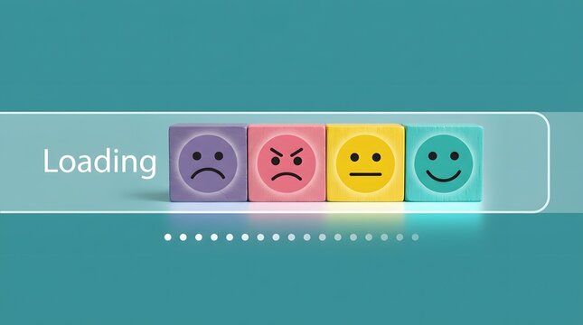 Loading progress bar with emoji faces showing emotions. Animated vector illustration of mood-based wait indicator for apps and websites.