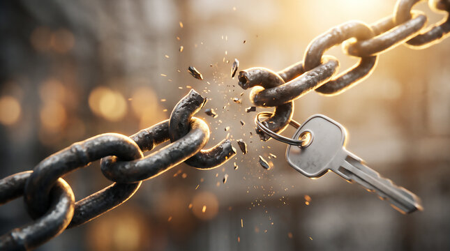 Heavy metal chain breaking with flying sparks and an attached key