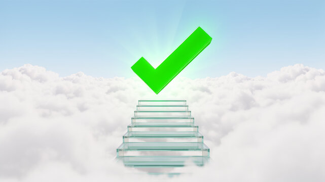 Bright green check mark floats above white stairs rising through soft clouds against blue sky creating an uplifting success goal achievement and opportunity concept