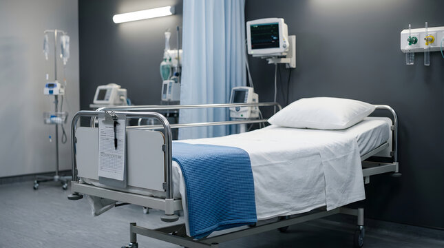 Hospital Bed with Medical Equipment in Hospital Room Medium Shot