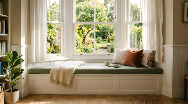 Cozy bay window seat with storage | Modern farmhouse reading nook ideas | Interior design with garden view window | Built-in bench seat with green cushion