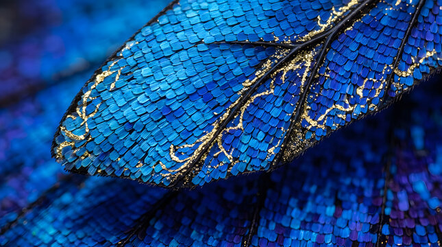 Blue and gold butterfly wing macro photography | Iridescent insect wing scales texture close up | Vibrant blue morpho butterfly wings with golden details | Abstract nature background details
