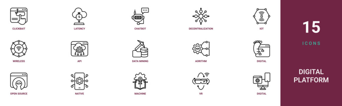 Set of 15 outline web Digital Platform icons such as digital platform, vr, machine learning, native, open source, digital footprint, aorithm vector icons for report, presentation, diagram, web