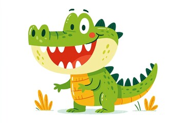 Fototapeta premium Cute Green Cartoon Alligator Character Smiling Wide with Big Teeth, Standing in a Field