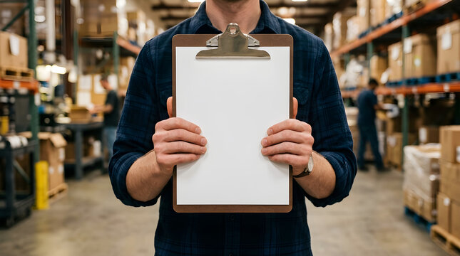 Man Holding Clipboard in Warehouse Inventory Management Close-up Shelves Boxes