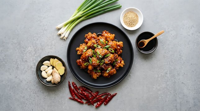 Stir fried chicken with vegetables and sauce on a black plate with ingredients. general tso chicken