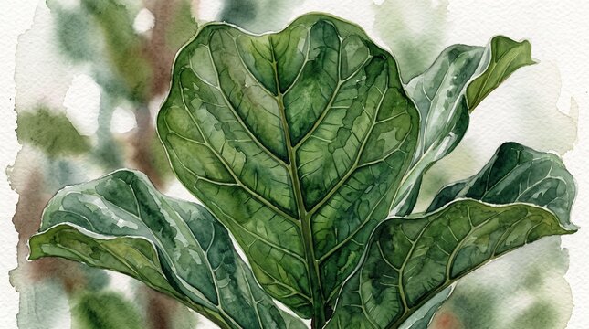 Watercolor illustration featuring lush fiddle leaf fig plant foliage showcasing vibrant green leaves painted with artistic brushstrokes to create a decorative botanical design for home interior decor