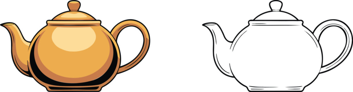 Tea kettle illustration & outline set isolated on transparent background 