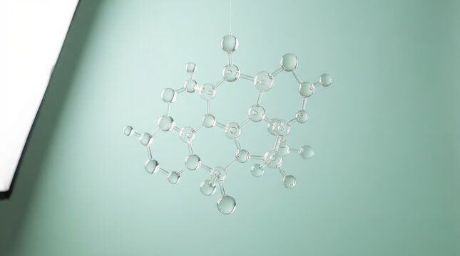 Glass molecular structure model of caffeine molecule hanging in air