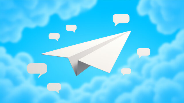 White paper plane crosses a bright blue cloud filled sky with floating message shapes creating an uplifting concept for email delivery communication and online freedom