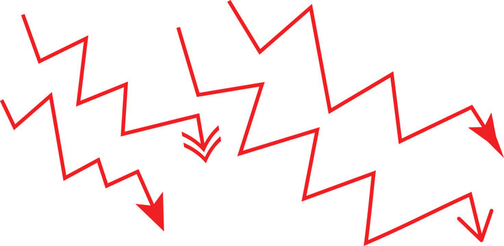 Red zigzag arrow set representing financial crash and market decline, downward pointing jagged lines for economic recession, sharp red arrows indicating failure and negative growth