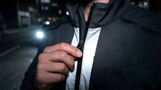 Person zipping up a reflective urban windbreaker jacket at night outdoors