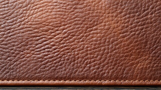 Close-up detailed texture of rich brown genuine leather with visible grain and stitching, elegant material background