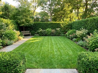 Fototapeta premium Lush manicured lawn in a formal garden with lush green hedges and blooming hydrangeas during golden hour sunlight