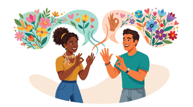 Young black woman and man communicating using sign language with flowers. International Day of the Deaf  