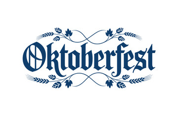 Blue oktoberfest with wheat and hop vine decoration isolated on white background, for german beer, festival celebration branding © BlackVault Designs