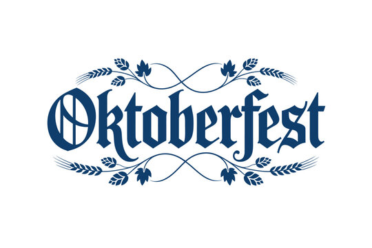 Blue oktoberfest with wheat and hop vine decoration isolated on white background, for german beer, festival celebration branding